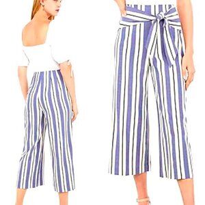 ☀️ EXPRESS Striped Knot Front Paperbag Pants Cropped Culottes Blue High Rise 2